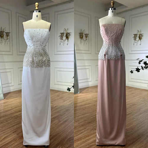 2025 Saudi Nude Pink Trägerlose Arabische Meerjungfrau Abendkleider Kleider Perlen Quaste für Anlass LA72804 