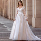 Elegant V-Neck Wedding Dresses Plus Size Lace Long Sleeve Women White Open Back Tulle Bridal Gown Sweep Train Vestidos De Novia-payinti