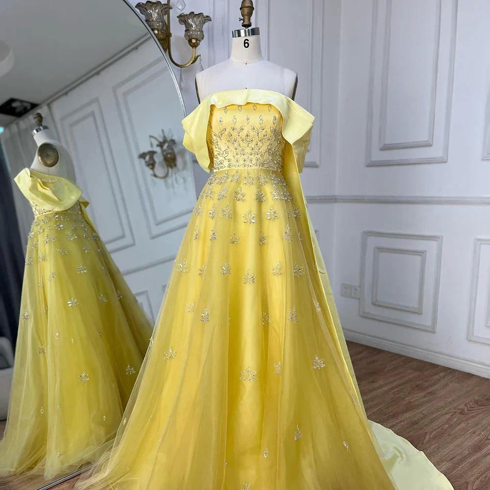 Luxus Dubai Arabisch Gelb Elegante Boot-ausschnitt Lange Abendkleid Perlen Party Kleid für frauen Hochzeit LA72531 
