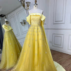 Luxus Dubai Arabisch Gelb Elegante Boot-ausschnitt Lange Abendkleid Perlen Party Kleid für frauen Hochzeit LA72531 