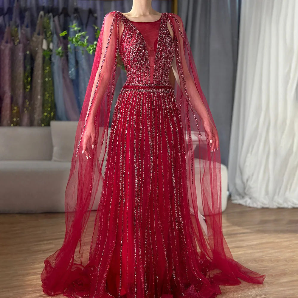 Arabisch Gold A-linie Cape-Ärmel Perlen Luxus Dubai Lange Abendkleider Kleider 2025 Für Frauen Hochzeit Party LA71941 