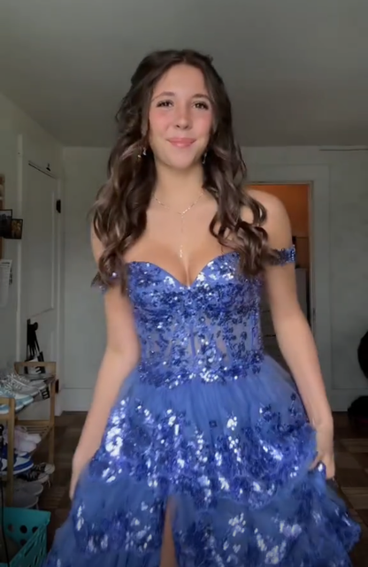 Funkelndes blaues Tüll-Pailletten-Abendkleid mit mehreren Lagen, formelles Ballkleid mit Schlitz, Y7961