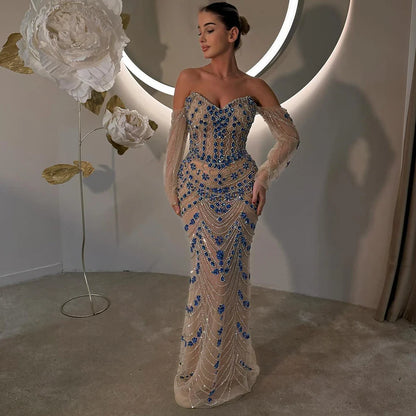 Luxuriöses blaues Abendkleid mit Perlen für formelle Anlässe LA72858