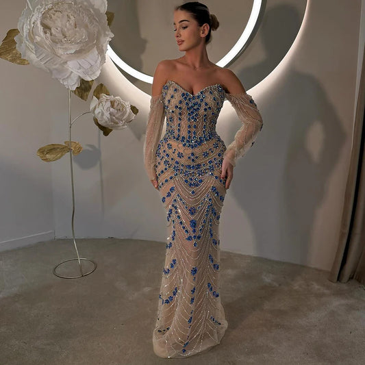 Luxuriöses blaues Abendkleid mit Perlen für formelle Anlässe LA72858