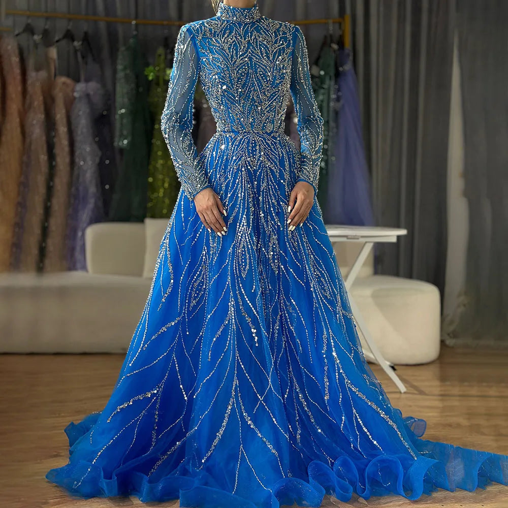 Elegante vestido de noche musulmán azul con cuentas y corte en A, de lujo, estilo Dubái, para mujer, para boda, fiesta, 2025, LA72302A 