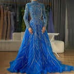 Elegante vestido de noche musulmán azul con cuentas y corte en A, de lujo, estilo Dubái, para mujer, para boda, fiesta, 2025, LA72302A 