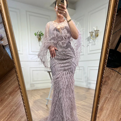 Vestido de noche de sirena color caramelo con cuentas y plumas, de lujo, elegante para mujer, para fiesta de bodas 2025 LA71866 