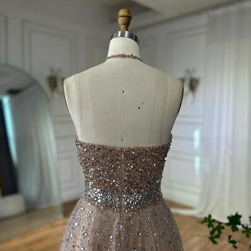 2025 Saudi Arabic Caramel Halter Beaded Tulle A-Line Evening Gown LA72863