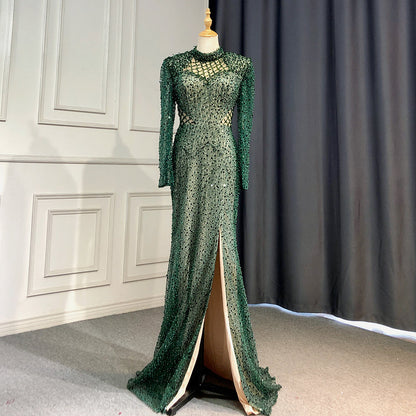 Vestidos de noche de sirena verde con perlas 2025, elegantes, con abertura alta para mujer, para fiesta, cuello alto, manga larga, LA71693 