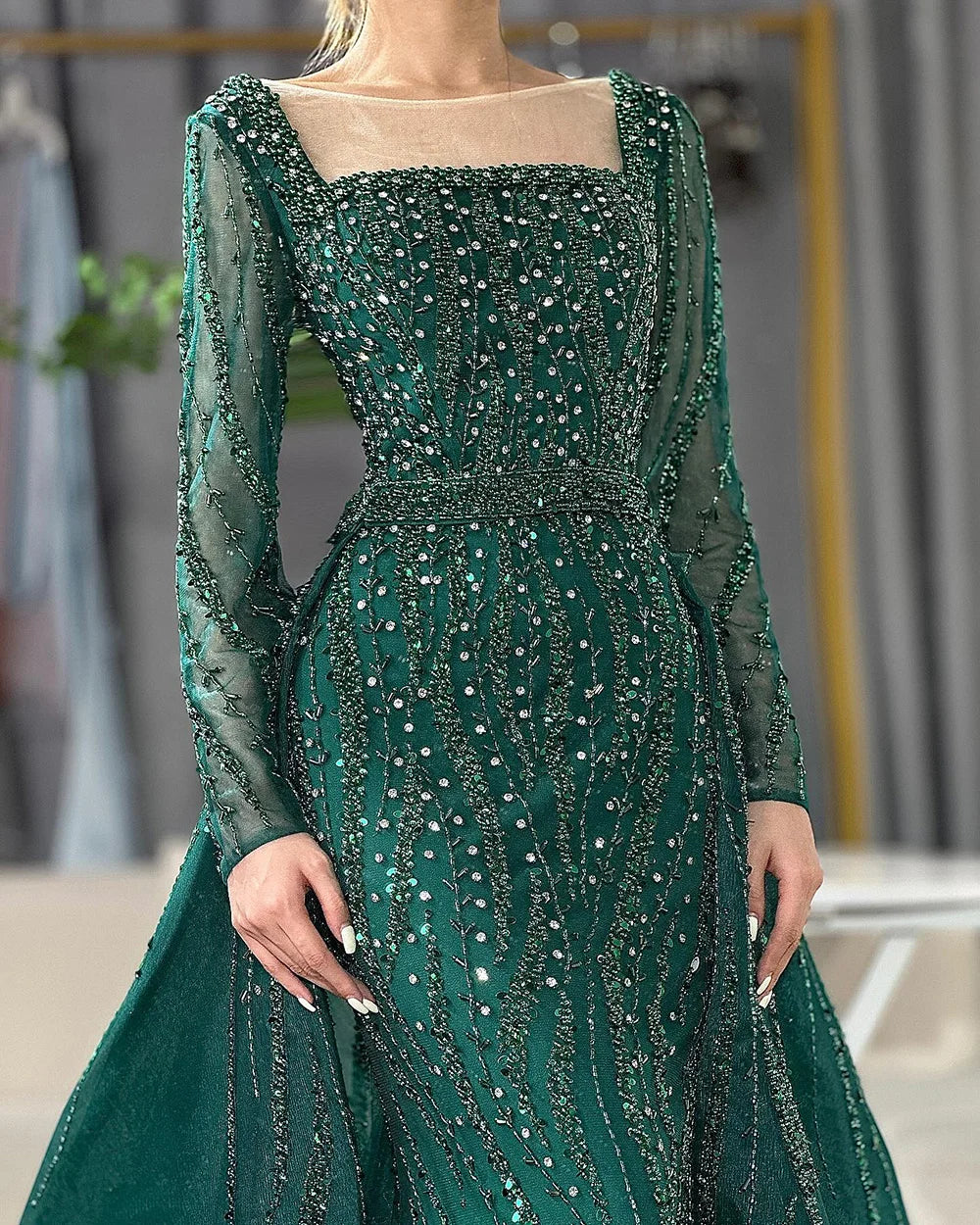 Vestidos de noche árabes de sirena con sobrefalda y cuentas, de lujo, para ocasiones formales, LA72710 