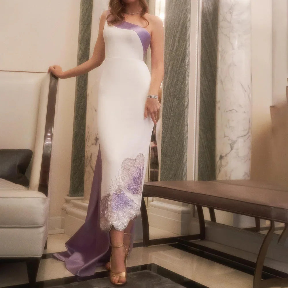 Vestido de noche de satén blanco lila, midi, de un solo hombro, con mariposas y cuentas, para boda de mujer LA72213 