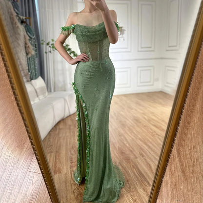 Vestido de noche árabe saudí con borlas de cristal verde, corte alto, para mujer, para fiesta de boda, 2025, LA72490 