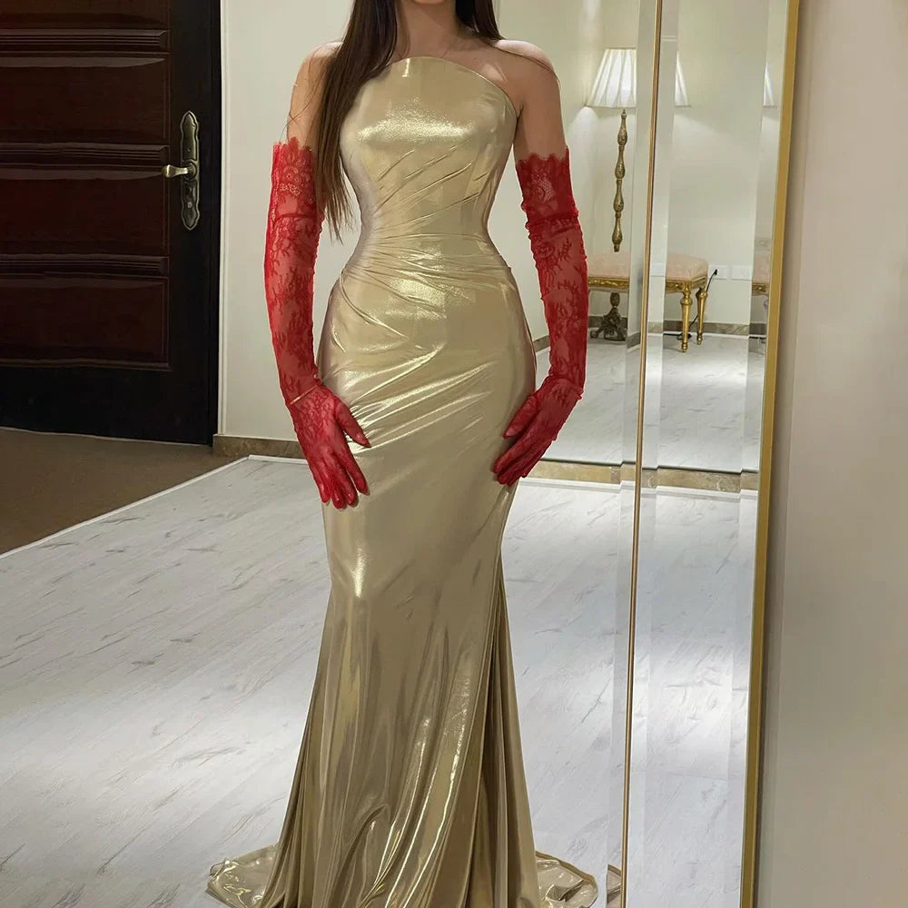 2025 Arabic Elegant Gold Strapless Mermaid Luxury Dubai Evening Gown for Women's Party LA72670