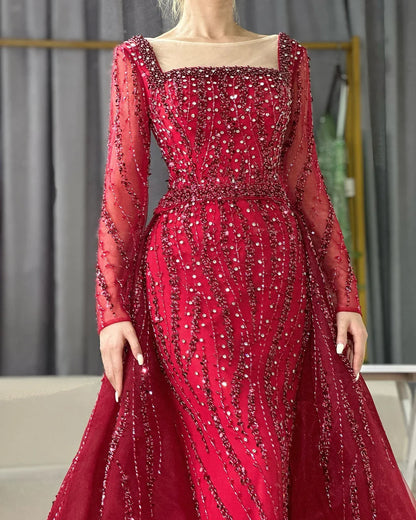 Vestidos de noche árabes de sirena con sobrefalda y cuentas, de lujo, para ocasiones formales, LA72710 
