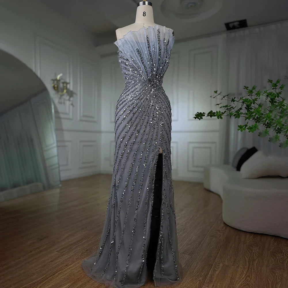 Vestido de noche de sirena con hombros descubiertos y abertura alta, sexy, color caramelo, con cuentas, para mujer, boda, fiesta, LA72049 