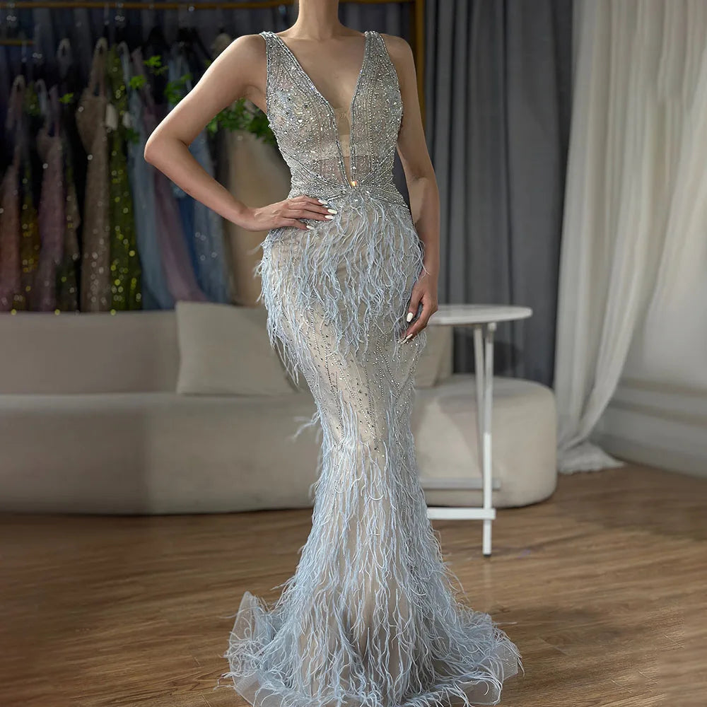 Arabisch Blau Meerjungfrau Elegant Mit Cape Luxus Perlen Feder Dubai Abendkleider Kleider für Frauen Party LA71583B 