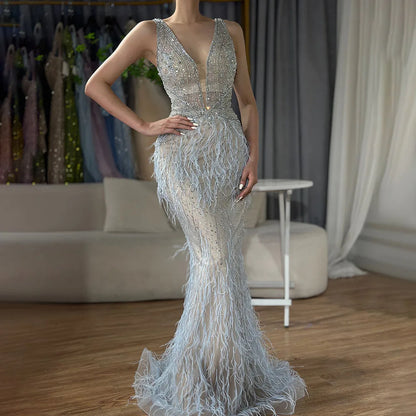Arabisch Blau Meerjungfrau Elegant Mit Cape Luxus Perlen Feder Dubai Abendkleider Kleider für Frauen Party LA71583B 
