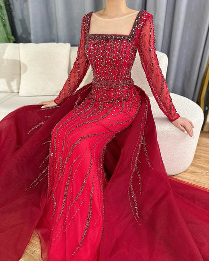 Vestidos de noche árabes de sirena con sobrefalda y cuentas, de lujo, para ocasiones formales, LA72710 