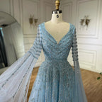 Vestido de noche largo elegante de corte A con cuentas, color caramelo árabe, con mangas estilo capa para ocasiones formales LA72750 