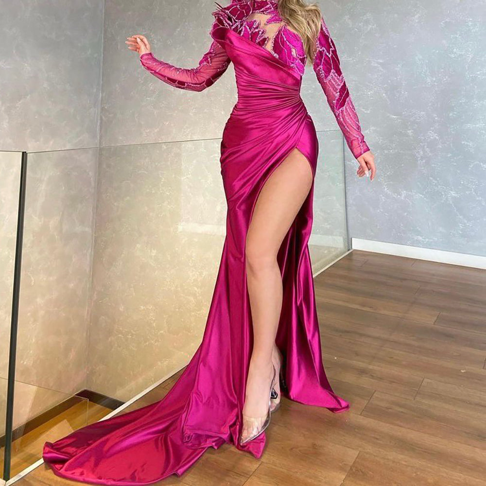 Arabic Rose Red Mermaid Elegant Satin Sexy High Split Evening Dresses Gowns Beaded 2025 For Women Party LA71707