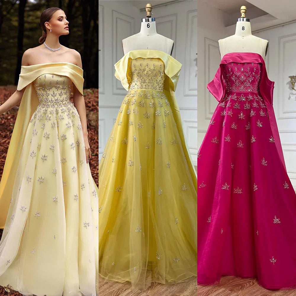Luxus Dubai Arabisch Gelb Elegante Boot-ausschnitt Lange Abendkleid Perlen Party Kleid für frauen Hochzeit LA72531 