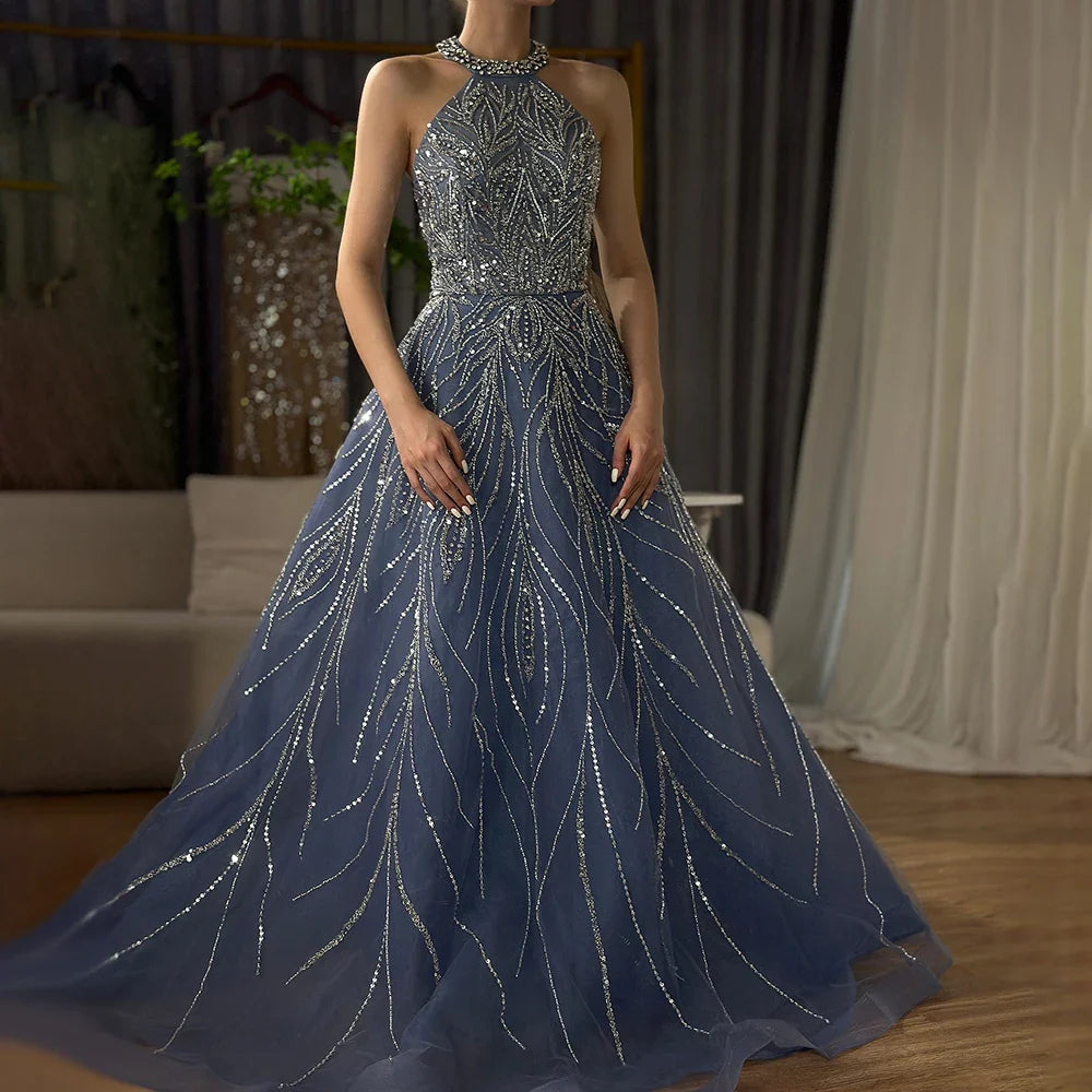 Elegante vestido de noche azul árabe de corte A con cuello halter, de lujo, estilo Dubái, para mujer, para fiesta de boda 2025 LA72302 