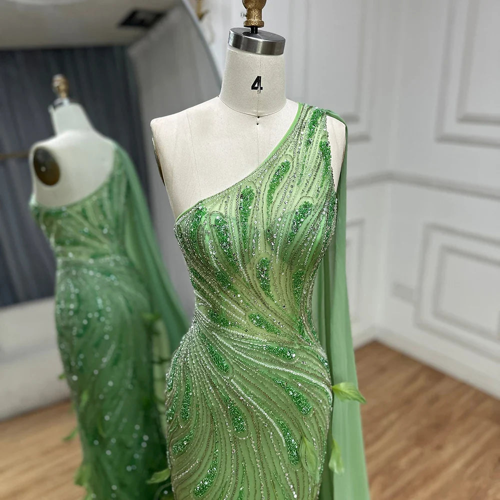 2025 Arabic Green One Shoulder Beaded Feathers Luxury Evening Gowns with Side Cape Shawl for Women's Party LA72698