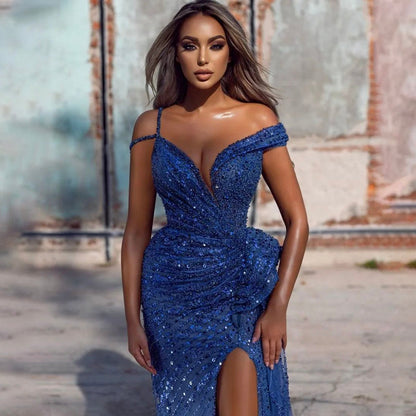 Zum Verkauf keine Rückgabe keine Rückerstattung Blaue Meerjungfrau Split Abendkleider Kleider 2025 Perlen Eleganter Luxus für Frauen Party LA71663 