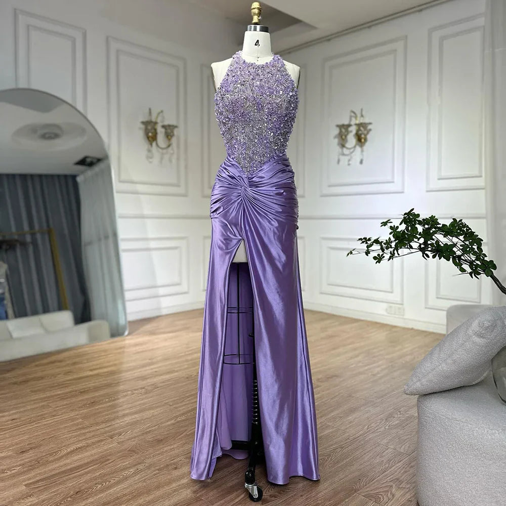 2025 Arabic Lilac Halter Neck Side Split Mermaid Luxury Dubai Evening Gown Beaded Dress for Women's Party LA72668