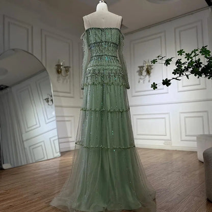 Vestido de noche de lujo estilo sirena, verde salvia, árabe, de Dubái, sin tirantes y con cuentas, para mujer, para boda 2025, LA72350 