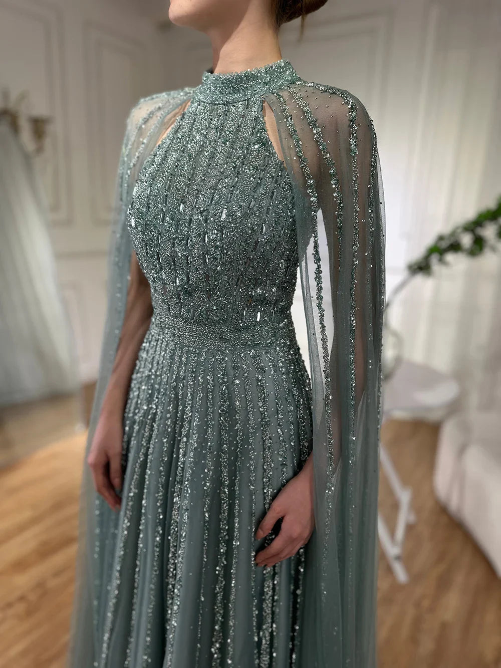 2025 Arabic Caramel A Line Cape Sleeve Beaded Luxury Saudi Evening Dresses Gowns For Formal Occasion LA72306B