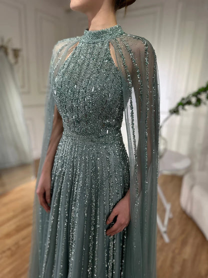 2025 Arabic Caramel A Line Cape Sleeve Beaded Luxury Saudi Evening Dresses Gowns For Formal Occasion LA72306B