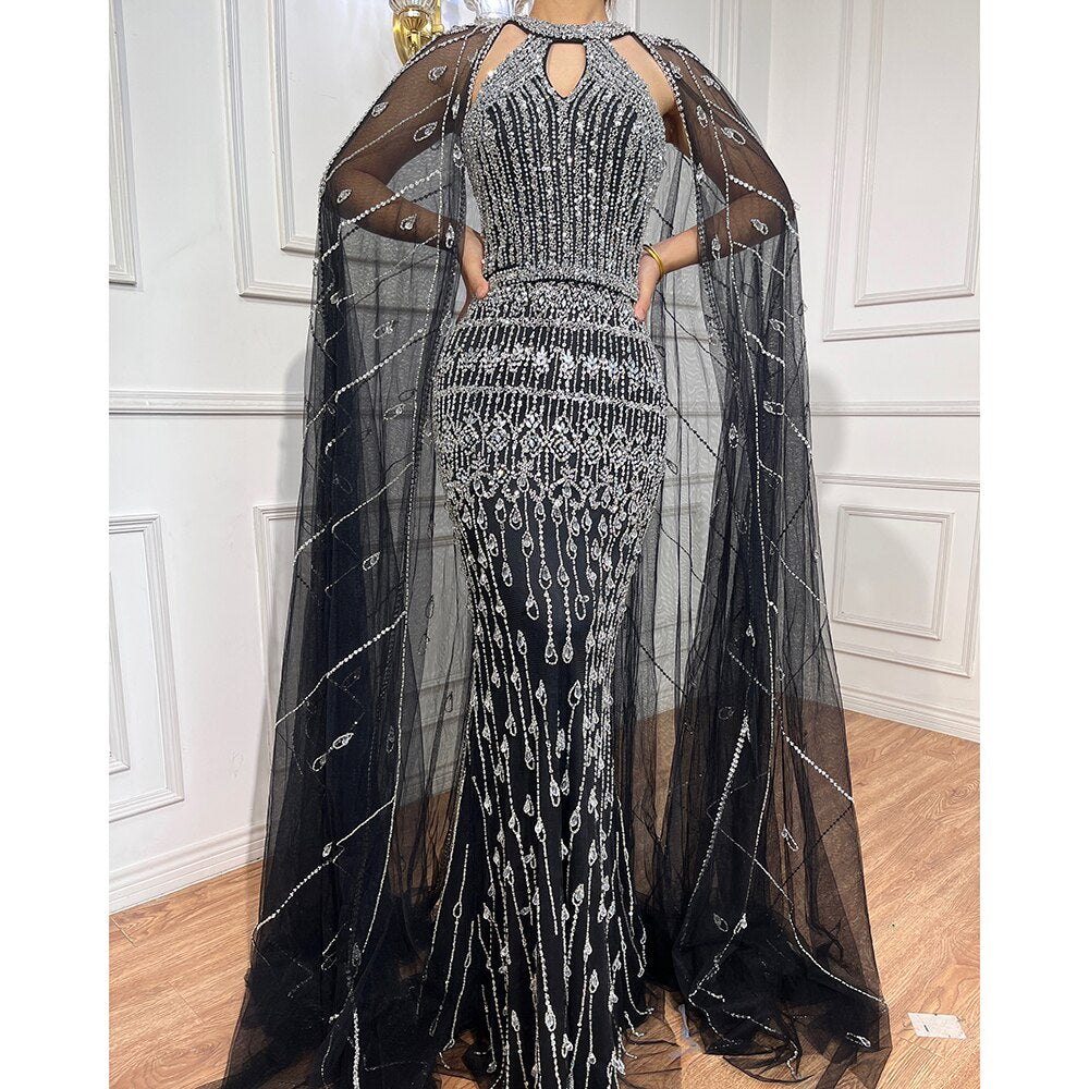 Luxury Dubai Mermaid Fuchsia Evening Dresses with Cape Sleeves LA71817