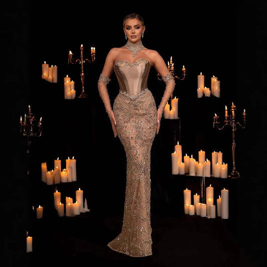 Luxuriöses Abendkleid mit Perlenkorsett, transparentes langes Kleid mit Handschuhen LA72929 