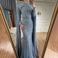 2025 Luxury Dubai Blue Muslim Mermaid Beaded Evening Gowns with Cape Sleeves for Women's Party LA72533