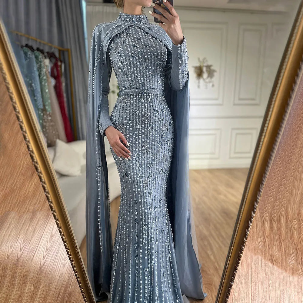 2025 Luxury Dubai Blue Muslim Mermaid Beaded Evening Gowns with Cape Sleeves for Women's Party LA72533