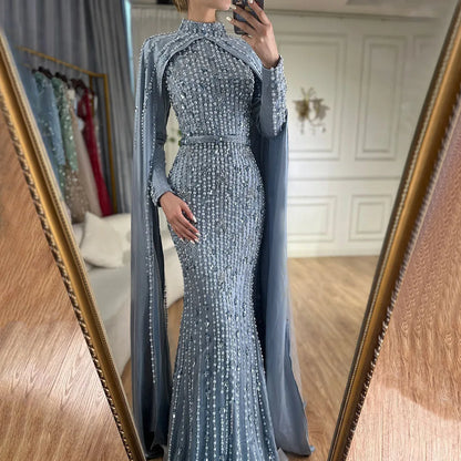 2025 Luxury Dubai Blue Muslim Mermaid Beaded Evening Gowns with Cape Sleeves for Women's Party LA72533