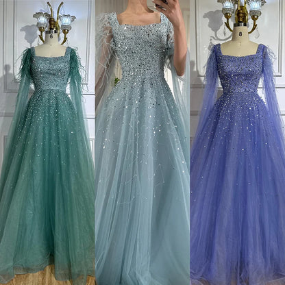 Vestidos de noche saudíes de lujo, corte A, azul árabe, con plumas, mangas capa y cuentas, para ocasiones formales 2025 LA71782A 