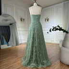 Salbeigrünes A-Linien-Abendkleid mit Spaghettiträgern und Perlenbesatz LA72805 