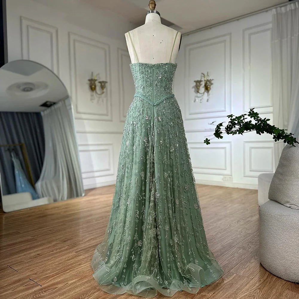 Salbeigrünes A-Linien-Abendkleid mit Spaghettiträgern und Perlenbesatz LA72805 