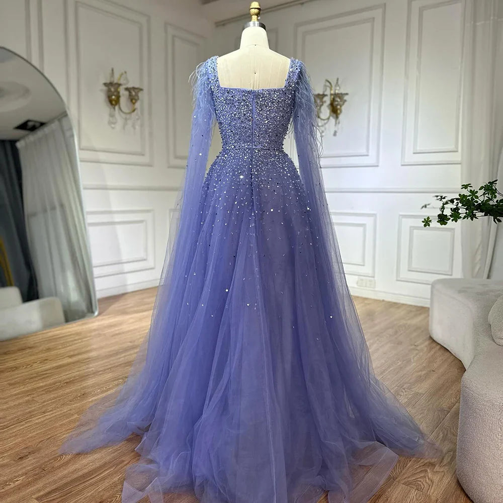 Vestidos de noche saudíes de lujo, corte A, azul árabe, con plumas, mangas capa y cuentas, para ocasiones formales 2025 LA71782A 