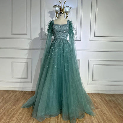 Vestidos de noche saudíes de lujo, corte A, azul árabe, con plumas, mangas capa y cuentas, para ocasiones formales 2025 LA71782A 