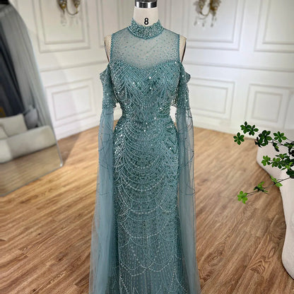 Vestido de noche árabe largo de lujo con mangas abullonadas, estilo sirena, con cuentas, color rosa de Dubái, para mujer, para fiesta de bodas LA71992A 