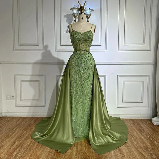 Luxus-Designer-Abendkleid mit Perlenbesatz in Salbeigrün und Überrock LA72733A