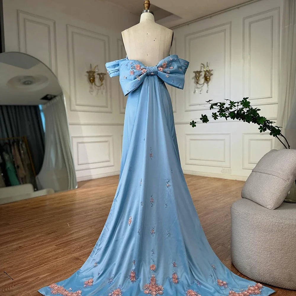2025 Arabic Strapless Blue Beaded A-Line Saudi Evening Gown for Formal Occasion LA72792