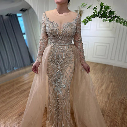 Vestidos de noche musulmanes de lujo color piel, estilo sirena, 2025, con sobrefalda de cuentas, elegantes para mujer, para fiesta, LA71597 