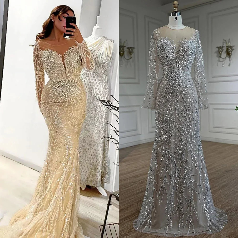 Luxus Dubai Weiß Nude Meerjungfrau Abendkleider Langarm LA72634
