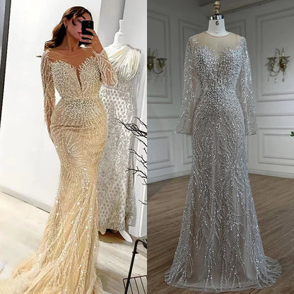Luxus Dubai Weiß Nude Meerjungfrau Abendkleider Langarm LA72634