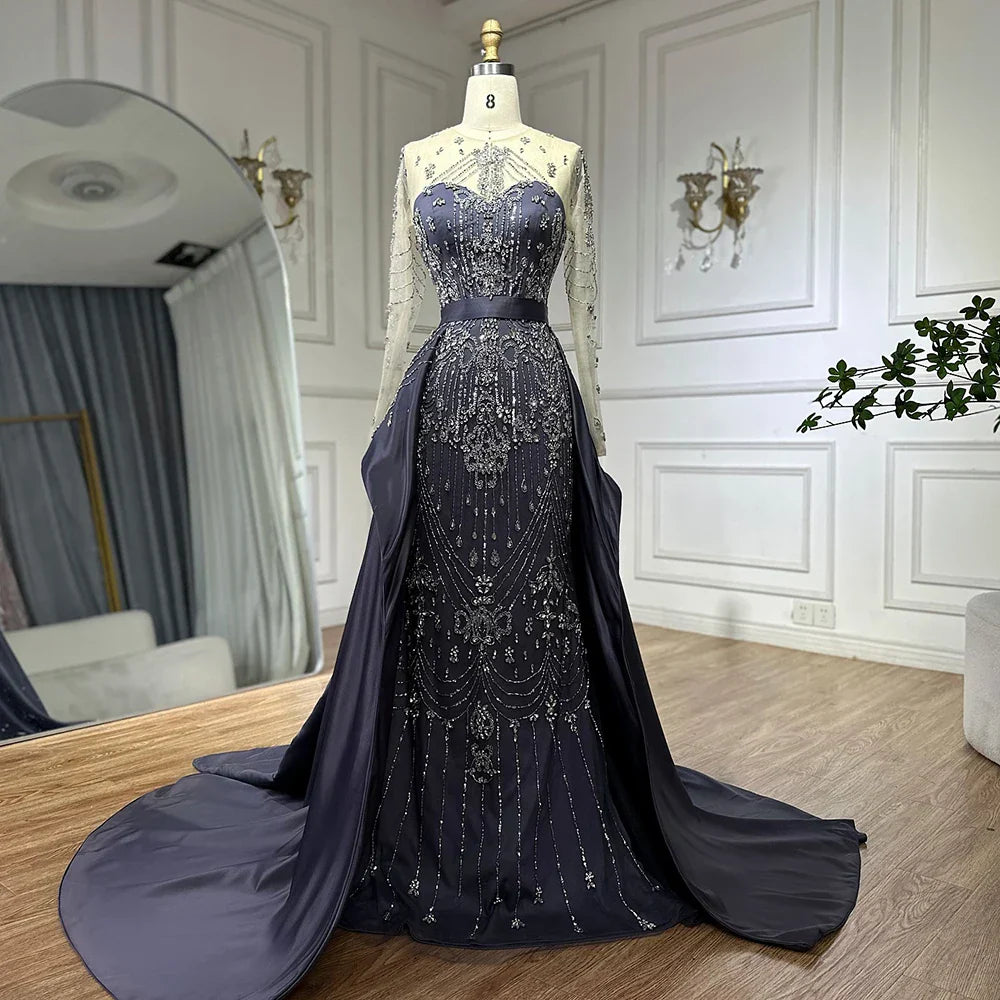 Luxuriöses, perlenbesetztes, blaues Abendkleid mit langen Ärmeln und Überrock LA72757