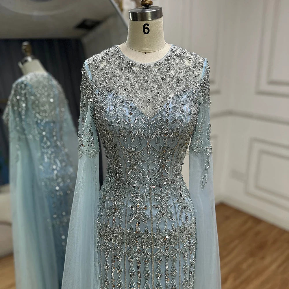 2025 Saudi Arabia Caramel Mermaid Elegant Cape Sleeve Luxury Beaded Evening Gown for Formal Occasion LA72775